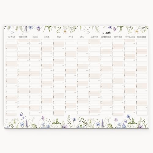 Calendrier mural français avec les jours fériés  2026 A2 avec des fleurs à l'aquarelle - agenda annuel premium pour toutes les dates