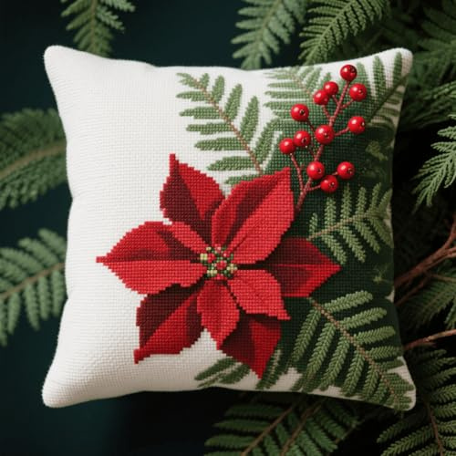 11CT Kreuzstich Kissen Vorgedruckt, Weihnachtsblumen Stickkissen mit Muster 45X45cm Stickset für Kreuzstichkissen Kreuzstich Kissen zum Basteln Stickkissen Stickpackung