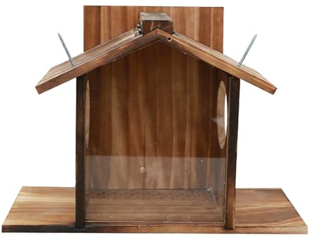 Wilgure Distributeur de nourriture pour écureuils en bois pour l'extérieur avec fenêtre de visualisation en acrylique et couvercle flexible pour un accès facile à la nourriture de jardin. Distributeur