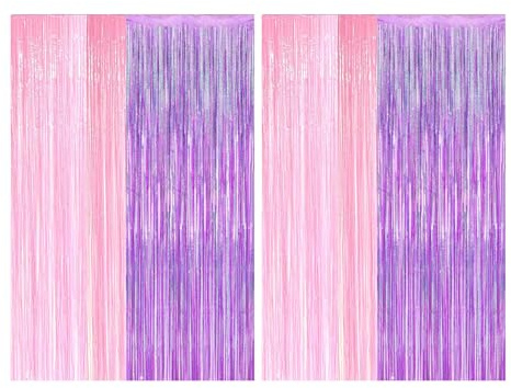 LEMONSTONE 4 tende tinsel rosa e viola, per feste, sfondo filante, decorazione per feste, compleanni, matrimoni, festival, 1 x 2 m