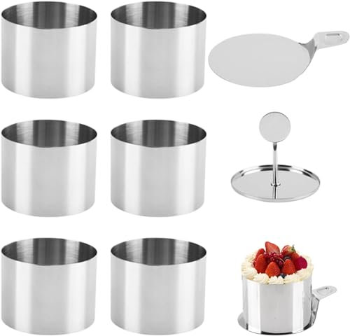MEESOGA 6Pack Dessertringe Rund 7,5cm Speiseringe Mini Kuchenringe Formen - Höhe 5,5cm Mousse-Ringe Burgerringe mit Heber Presse, Ideal für Burger BBQ/Desserts Mini Kuchen Törtchenformen