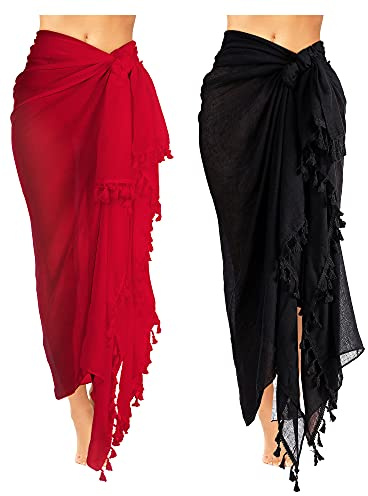 2 Pezzi Batik da Spiaggia Sarong Copricostume da Bagno (Nero, Rosso, XL)