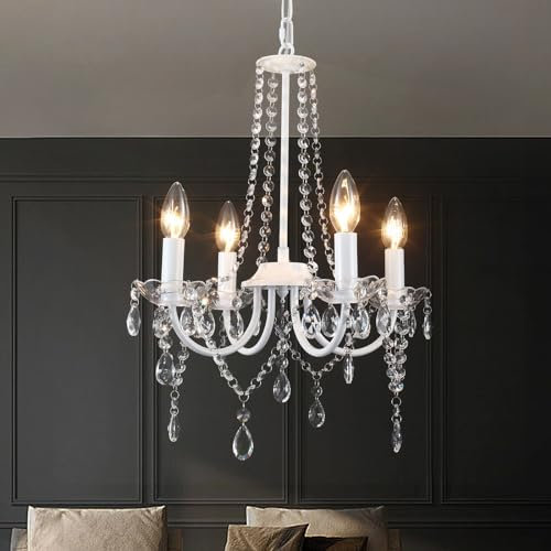 QAREHL Crystal Chandelier, 4 Lights Chandeliers Ceiling Light Modern Dining Room Lights Ceiling for Living Room, White Chandelier for Bedroom, Kitchen, Hallway, E14 Socket
