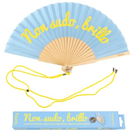 Fisura - Ventaglio Originale in Legno con Messaggio “Non sudo, Brillo”, Blu e Giallo, con Cordino Porta ventaglio. Accessorio Moderno per Estate, Festival. Regalo Originale: 42,5 x 23 cm