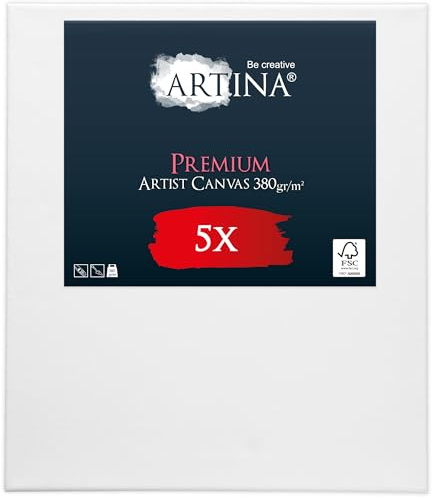 Artina Set da 5 Premium Tela per Dipingere 50x70 cm – 100% Cotone Qualità Premium 380 g/m² – FSC® Tele Pittora per Artisti – Telaio in Legno Comodo e Resistente – Tele per Dipingere