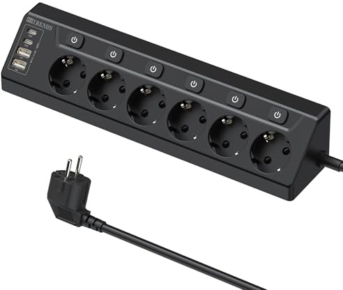 Vinkeluttag med 2 USB och 2 typ-C, 6 uttag med enkel strömbrytare, grenuttag med 2 m förlängningskabel för skrivbord, hörn, svart