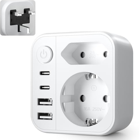 6 en 1 Adaptateur Prise Anglaise UK, Adaptateur Prise Anglaise, Prise Anglaise Adaptateur Francais avec 2 USB A, 2 Type C, 2 Prise, Type G pour UK/Irlande/Malaisie/Maldives