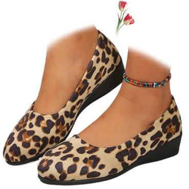 Women's Lightweight Leather Shoes, Women's Comfort Arch Support Wedge Slip-On Shoes Ladies Low Heel Work Ballerina Loafer Shoes (Beige Leopard Print-Cloth,5)