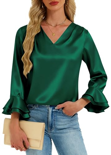 Womens Satin Silk Blouses 3/4 Sleeves Ruffle Shirts Dressy Business Casual Tops V Neck Pleated Elegant Work Office Wear Dark Green