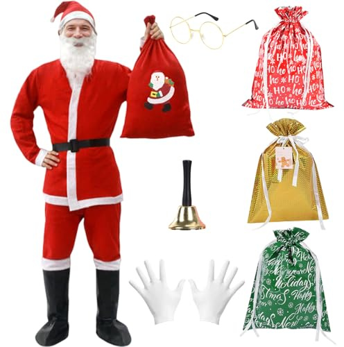 Harsever 13PC Santa Claus Costume for Men Luxury with red sack, Beard,glasses,bells,boots,Hat,Belt,3 x regular sack,1 pair of white gloves,Perfect for Christmas Fancy Dress & Holiday Parties