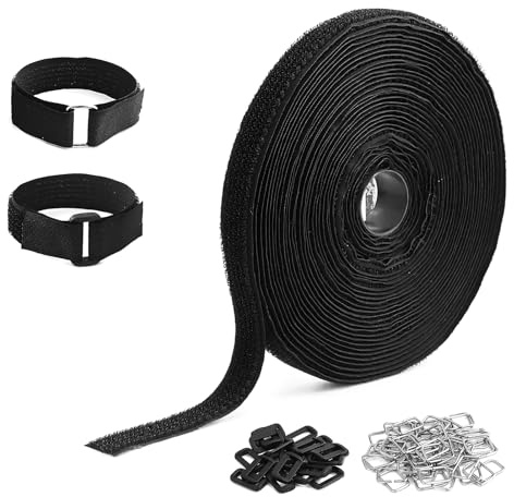 Cinta de Trenza autoadhesiva negra de 2 cm x 10 m con 70 hebillas de metal, correas de longitud de corte libre, bridas de resellables para organizar cables, cordones, mangueras (negro)