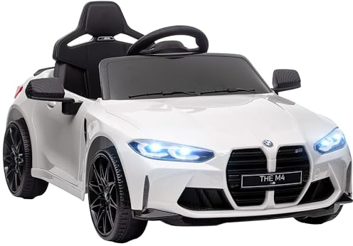 AIYAPLAY Coche Eléctrico para Niños, BMW M4, Coche de Batería 12V, con Mando a Distancia 2,4 G, Ruedas Traseras con Suspensión, Faros LED, Música, USB, Motor Doble, Blanco