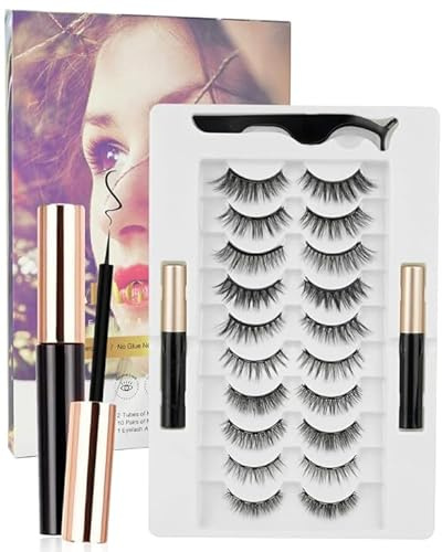 Olutula Magnetic Lashes Set, 10 Pairs Magnetic Eyelashes with Magnetic Eyeliner, Reusable No-Glue Natural Look Lashes for Easy Daily Wear, Parties & Weddings