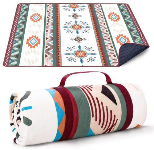 OFFASST Manta de Picnic Impermeable 200x200 cm – Sin Arena y Lavable, Acolchada y Portátil, Grande para Playa, Barbacoa, Excursiones, Senderismo, Camping | Picnic Blanket (Boho)
