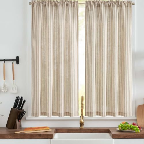TOPICK Taupe Pinstripe Cafe Curtains, Short Kitchen Curtains, W36xL54 2 PCS | Linen Look Light Filtering Drape, Rod Pocket Small Curtains for Living Room, Bathroom, Cupboard, Bedroom, Cupboard Base, Sink