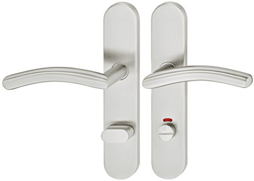 JUVA Drückergarnitur Langschild - Türbeschlag WC-Bad rechts - 1 Stück Türklinken-Garnitur für Zimmertüren mit Befestigungsmaterial - Türgriffe Edelstahl Matt Gebürstet - Türdrücker-Garnitur