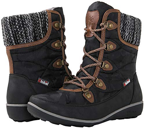 GLOBALWIN Women's Snow Boots Comfortable Black/Brown Boots For Women Waterproof Mid-Calf Winter Boots For Women With Fleece Lining And Non Slip Outdoor Sole Size 9M
