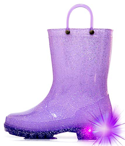 HugRain Bottes en caoutchouc pour filles et enfants – Bottes de pluie lumineuses pour tout-petits – Chaussures imperméables légères à paillettes – Design mignon avec poignées et semelle intérieure