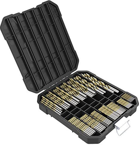 100 x TopsTools TT100TW 1mm - 10mm Mix Size Titanium Coated HSS Twist Drill Bits Storage Box Set For Wood Plastic Copper Brass Compatible with Bosch Dewalt Makita Milwaukee and Many Others