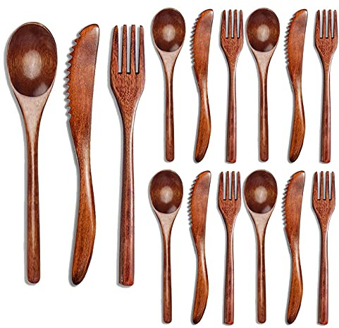 Baalaa 15 Pcs Fork Knife Cutlery Set Wooden Dinner Utensil Set Kitchen Wooden Cutlery Set