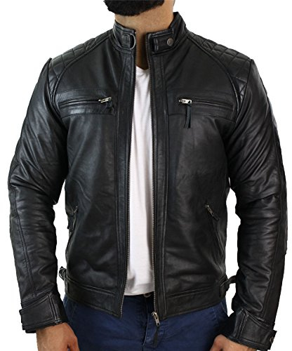 TruClothing Men's Biker Jacket Outwear Windproof Winter Motorcycle Rider Real Leather Jackets Coat Retro - Black S