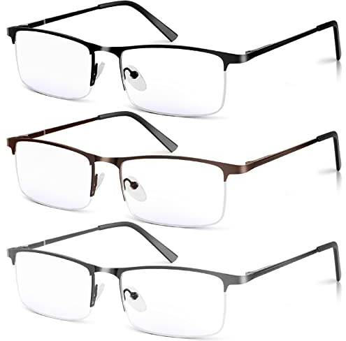 WEIMELTOY 3 Pack Blue Light Blocking Reading Glasses for Men, Stylish Half Frame Metal Computer Readers, Lightweight Spring Hinge Eyeglasses Anti Eyestrain/Glare/UV (Mix Color, Black+Grey+Brown, 1.25)