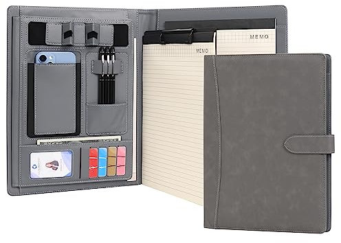 Wason Portfolio A4 Schreibmappe Kunstleder Portfolio mit Telefon Tablet Ständer & Klemmbrett Schreibblock, Ordner Datei Dokumentenhalter Hülle für Organizer Büro Schule Reisen (Grau)
