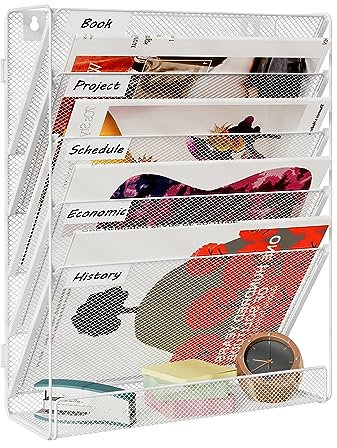 TQVAI Schreibtisch Organizer, 6 Fächer Zeitschriftenhalter Wand Metall Dokumenten Organizer Papier A4 Flyerhalter Postsortierer Dokumentenablage für Büro Zuhause Schule, Weiß