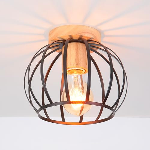 iDEGU Vintage Plafonnier Industriel en Métal Cage avec Décor en Bois Suspensions Lustres Abat-Jour Géométrique Design Luminaire E27 Lampe de Plafond pour Chambre Salon Café Entrée Couloir (20CM, Noir)