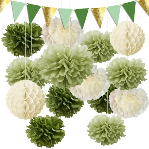 Syoulin pompons deko，Salbeigrün Olivgrün Beige Seidenpapier Papierblumen,-Geeignet für Hochzeit, Geburtstag，babyparty deko-15er