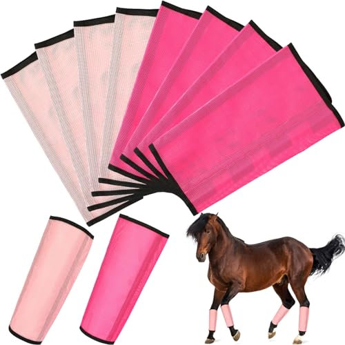 Bulyoou 8 Stück Netz-Fliegenstiefel für Pferde, atmungsaktive Netz-Hufschützer, Pferdebeinbandagen, Pferde-Leggings zur Vorbeugung von Fliegen und Mückenstichen (Hellrosa, Dunkelrosa)