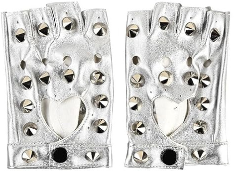 Joayuezo 1 par de guantes punk remaches medio dedo guantes falda guantes mujer niña guantes de cuero para Halloween mujeres adolescentes cosplay (Big Willow Nail & Heart, plata)