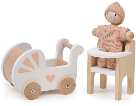 Mentari Toys – barnkammarset – dockhus i trä – inkl. docka baby i stickad lekdräkt, barnvagn, barnstol och andra tillbehör – ålder 3+