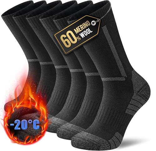 YESWEL 3 Paires Chaussettes Homme Femme 43-46, 60% Laine Mérinos Chaussettes Randonnée, Rembourrées Chaussette Chaudes Hiver Pour Trekking Running Sport Noir