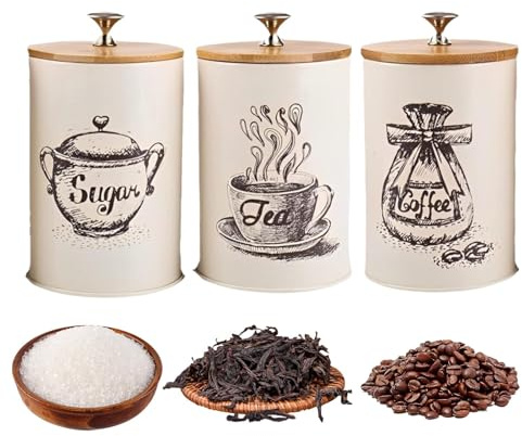 Bote De Café, Tarros De Comida Y Botes Para Sala De Estar, Cocina Y Comedor, Juego De 3 Tarros Herméticos De Almacenamiento De Café, Azúcar Y Té Para Estación De Café, Almacenamiento Hermético De Gran