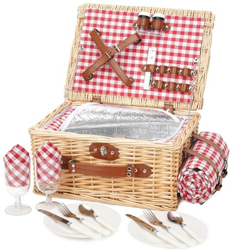 Picknickkorb für 2 Personen, Picknickkorb-Set mit Kühlfach und wasserdichte Picknickdecke, Besteck Set, Handgefertigtes Weidenkorb Picknick Korb Geschenk für Camping, Strand, Wandern (RotCheck)