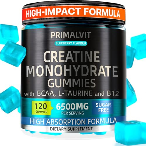 120 Creatine Gummies 6500mg Sugar-Free Complex – 40-Day Supply – Pre-Workout Creatine Monohydrate + BCAA, L-Taurine, B12 – Max Strength Chewable Gym Supplement Vegan Gummy Chews Men & Women Primalvit