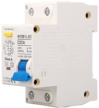 BAFOVY 20A Type A Disjoncteur Différentiel BYDB1L 63 avec Protection 30mA Contre Les Courants de Défaut pour la sécurité Contre Les Surcharges et Courts-Circuits Matériau PA66 230V