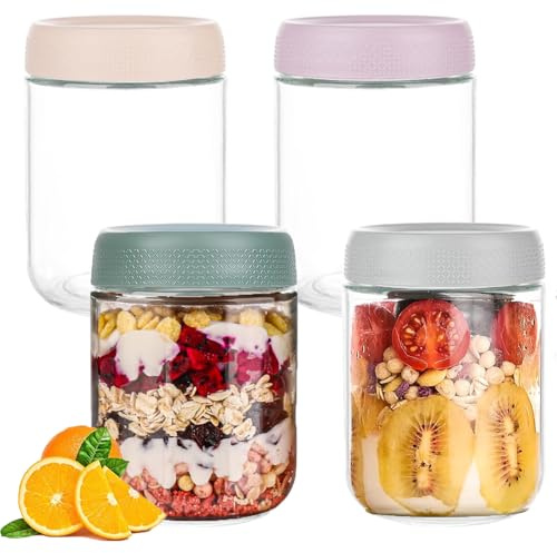 Homened 4-pack 16 oz Overnight Oats Jar, Glass jars with Airtight Lids, Wide mouth Mason Salad jars, Glass Food Storage Containers for Snacks Yogurt Spice Sugar Cereals Milk Fruit (480ML)