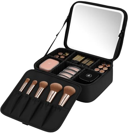 GREENSAPPIRE Travel Makeup Bag with LED Mirror Vanity Case Modes Adjustable Dividers Makeup Case for Women Travel Makeup Organiser Bag for Brushes Jewelry Toiletries (Black)