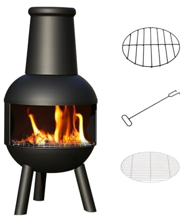 Chiminea, Outdoor Wood Burning Firepit, Fireplace for BBQ & Warming, With Grill Mesh, Chimney & Firewood Rack, for Patio, Garden, Backyard