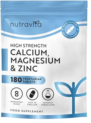 Nutravita Calcio 800mg, Magnesio 360mg, Zinc y Vit D - 180 Tabletas Vegetarianas (3 Meses) - Calcio, Boron, Rame Selenio Manganese, Zinc y Magnesio Suplementos para Huesos Musculos - Hecho en Europe