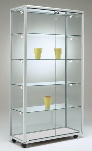 MHN Glasvitrine mit Rollen T 42,5 x B 99 x H 184,5 cm - breite Glas Standvitrine abschließbar - große Ausstellungs-Vitrine ohne Beleuchtung