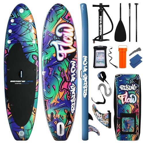 SereneLife Stand Up Paddling Board Schwarz Aufblasbares SUP Set mit Paddel, Pumpe und Tasche Touring SUP für Kinder und Erwachsene rutschfest tragbar für See Fluss und Meer 155 kg Tragkraft