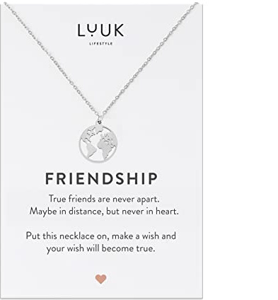 LUUK LIFESTYLE Collana con Ciondolo Mappamondo Donna in Acciaio Inossidabile e Carta regalo FRIENDSHIP, Regali per Lei, Donna, Moglie, Madre, Impermeabile, Gioiello Moda, Argento (50cm c.)