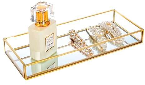 Feyarl Gold Clear Glass Vanity Tray Jewelry Trinket Rings Earrings Organizer Perfume Collection Display Decorative Tray Anti-Mirror Surface for Dressr Room Drawer Office Tabletop (9.84 x 3.93inch)