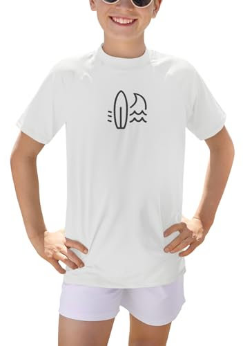 BesserBay Jungen UPF 50+ Rundhals Badeshirt Kurzarm Schwimmshirt Bademode UV Shirt Weiß Rashguard 130