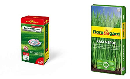 WOLF-Garten - Turbo-Nachsaat Schatten L-RS 50, rot & Floragard Rasenerde 40 L • hochwertige Spezialerde • zur Neuanlage, Pflege und Ausbesserung von Rasenflächen
