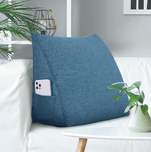 Johnear Almohada de Lectura de Lino, Grande, Respaldo Triangular, cabecero de Cama, cojín Lumbar para Cama de día, sofá o sofá (Azul, 45 cm)