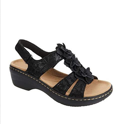 Ecoodisk Sandalias de verano para mujer, talla grande, puntera redonda, con flores, sandalias de cuña para mujer